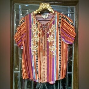 Savannah Jane Multicolor Striped Embroidered Boho Top โ Size Small